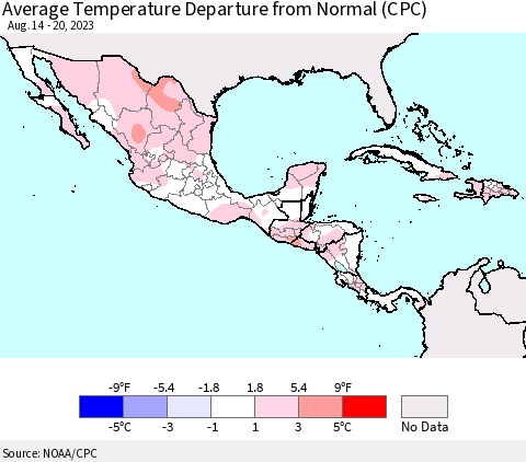 Mexico Central America and the Caribbean Average Temperature Departure from Normal (CPC) Thematic Map For 8/14/2023 - 8/20/2023