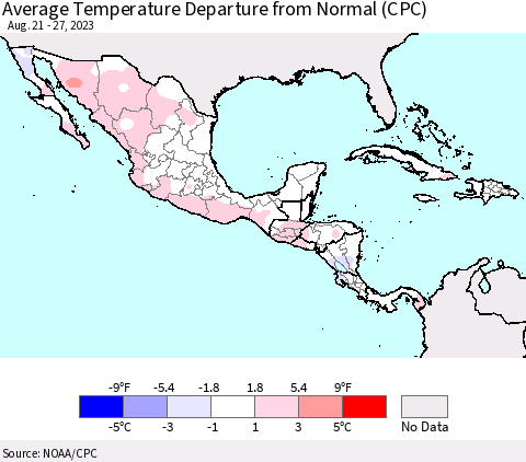 Mexico Central America and the Caribbean Average Temperature Departure from Normal (CPC) Thematic Map For 8/21/2023 - 8/27/2023