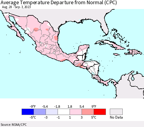 Mexico Central America and the Caribbean Average Temperature Departure from Normal (CPC) Thematic Map For 8/28/2023 - 9/3/2023