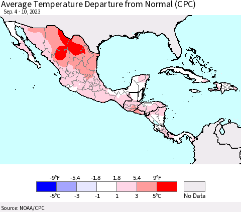 Mexico Central America and the Caribbean Average Temperature Departure from Normal (CPC) Thematic Map For 9/4/2023 - 9/10/2023