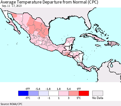 Mexico Central America and the Caribbean Average Temperature Departure from Normal (CPC) Thematic Map For 9/11/2023 - 9/17/2023