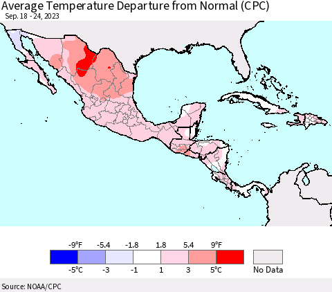 Mexico Central America and the Caribbean Average Temperature Departure from Normal (CPC) Thematic Map For 9/18/2023 - 9/24/2023