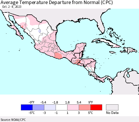 Mexico Central America and the Caribbean Average Temperature Departure from Normal (CPC) Thematic Map For 10/2/2023 - 10/8/2023