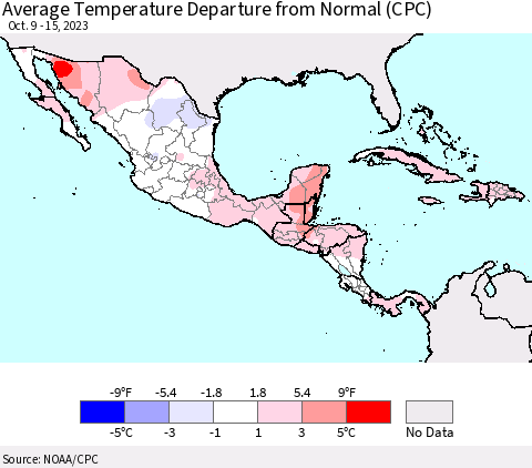 Mexico Central America and the Caribbean Average Temperature Departure from Normal (CPC) Thematic Map For 10/9/2023 - 10/15/2023