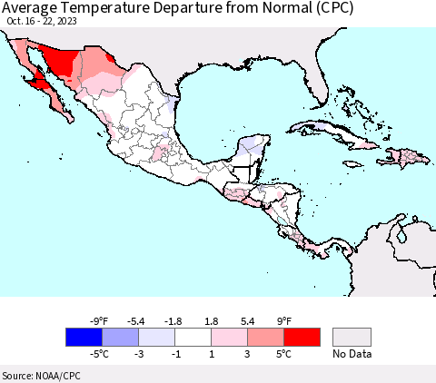 Mexico Central America and the Caribbean Average Temperature Departure from Normal (CPC) Thematic Map For 10/16/2023 - 10/22/2023