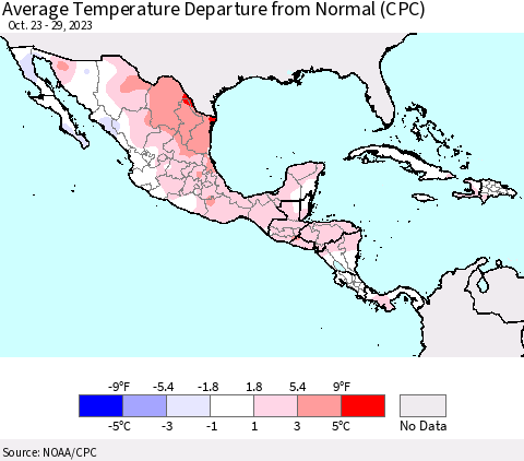 Mexico Central America and the Caribbean Average Temperature Departure from Normal (CPC) Thematic Map For 10/23/2023 - 10/29/2023