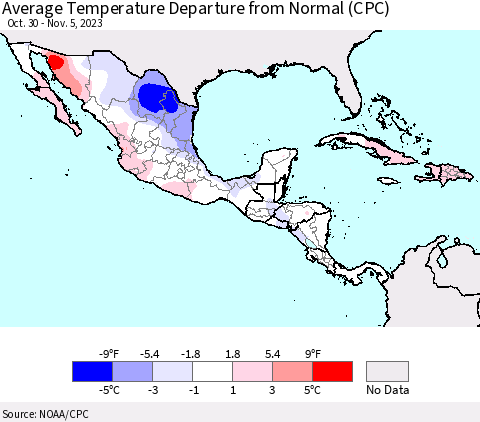 Mexico Central America and the Caribbean Average Temperature Departure from Normal (CPC) Thematic Map For 10/30/2023 - 11/5/2023