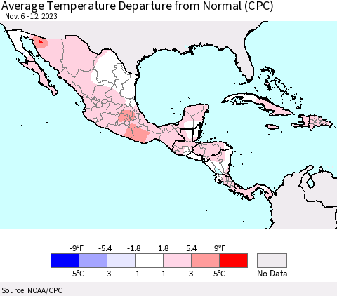 Mexico Central America and the Caribbean Average Temperature Departure from Normal (CPC) Thematic Map For 11/6/2023 - 11/12/2023