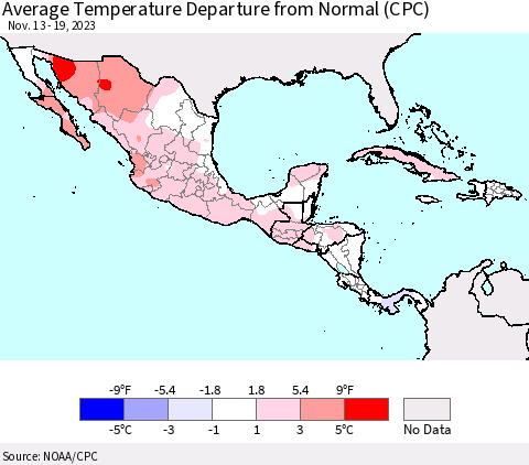 Mexico Central America and the Caribbean Average Temperature Departure from Normal (CPC) Thematic Map For 11/13/2023 - 11/19/2023