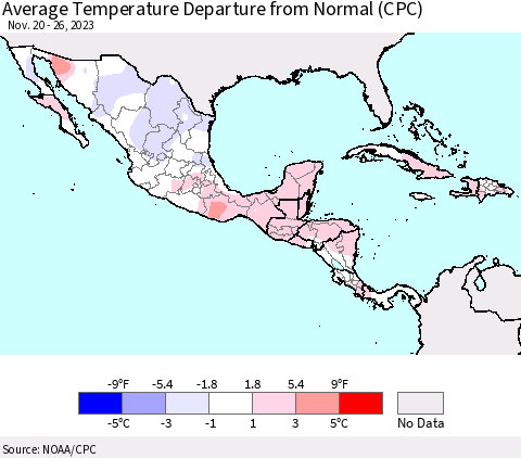 Mexico Central America and the Caribbean Average Temperature Departure from Normal (CPC) Thematic Map For 11/20/2023 - 11/26/2023