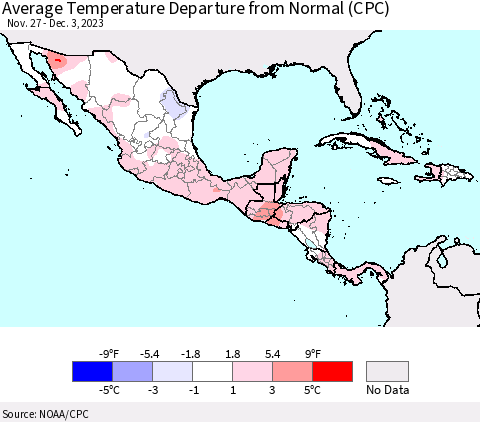 Mexico Central America and the Caribbean Average Temperature Departure from Normal (CPC) Thematic Map For 11/27/2023 - 12/3/2023