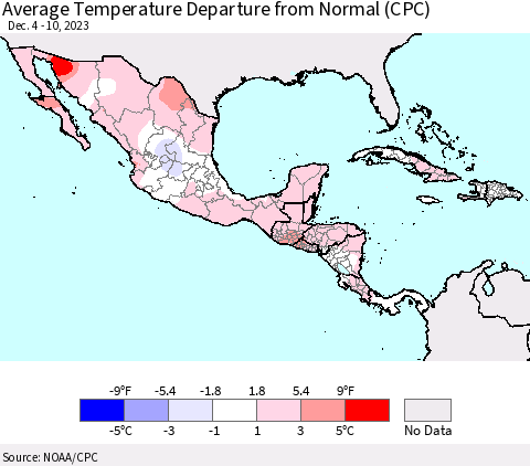 Mexico Central America and the Caribbean Average Temperature Departure from Normal (CPC) Thematic Map For 12/4/2023 - 12/10/2023