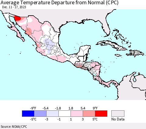 Mexico Central America and the Caribbean Average Temperature Departure from Normal (CPC) Thematic Map For 12/11/2023 - 12/17/2023