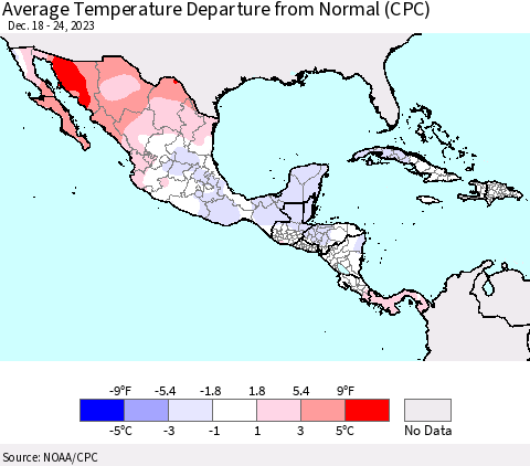 Mexico Central America and the Caribbean Average Temperature Departure from Normal (CPC) Thematic Map For 12/18/2023 - 12/24/2023