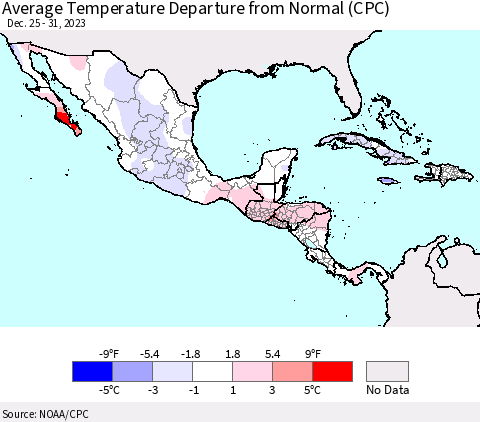 Mexico Central America and the Caribbean Average Temperature Departure from Normal (CPC) Thematic Map For 12/25/2023 - 12/31/2023