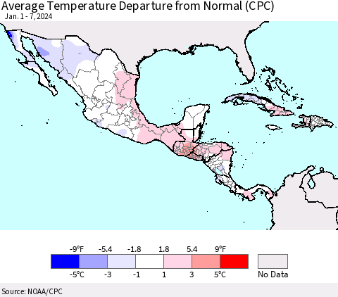 Mexico Central America and the Caribbean Average Temperature Departure from Normal (CPC) Thematic Map For 1/1/2024 - 1/7/2024