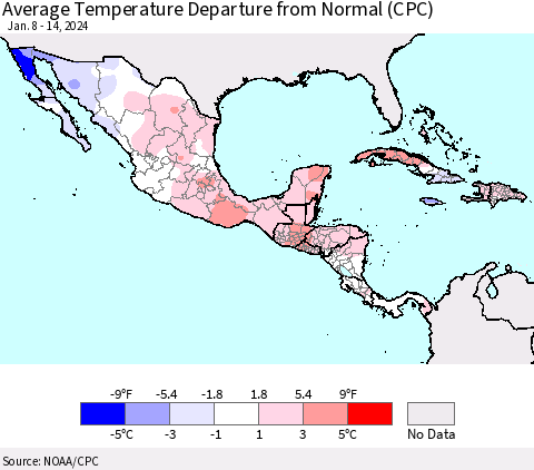 Mexico Central America and the Caribbean Average Temperature Departure from Normal (CPC) Thematic Map For 1/8/2024 - 1/14/2024