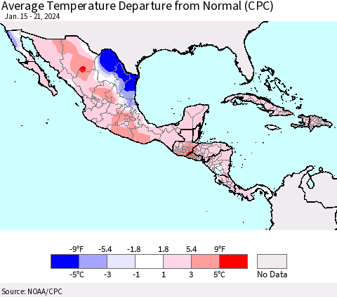 Mexico Central America and the Caribbean Average Temperature Departure from Normal (CPC) Thematic Map For 1/15/2024 - 1/21/2024