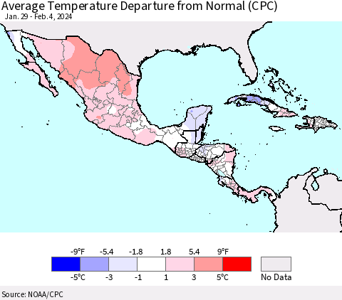 Mexico Central America and the Caribbean Average Temperature Departure from Normal (CPC) Thematic Map For 1/29/2024 - 2/4/2024