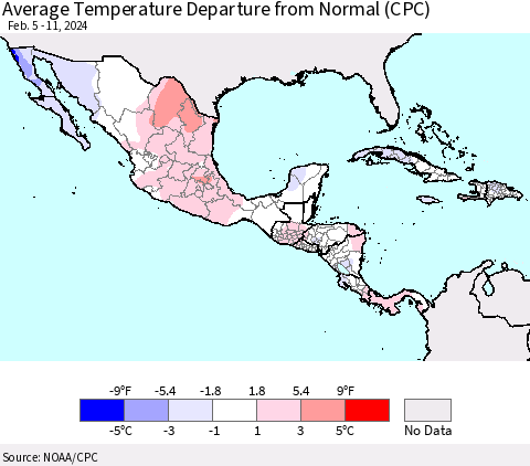 Mexico Central America and the Caribbean Average Temperature Departure from Normal (CPC) Thematic Map For 2/5/2024 - 2/11/2024