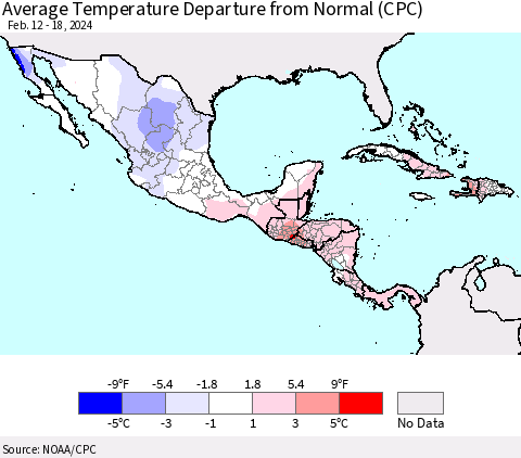 Mexico Central America and the Caribbean Average Temperature Departure from Normal (CPC) Thematic Map For 2/12/2024 - 2/18/2024