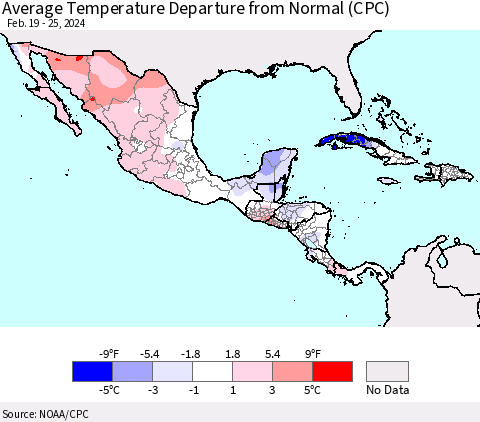Mexico Central America and the Caribbean Average Temperature Departure from Normal (CPC) Thematic Map For 2/19/2024 - 2/25/2024