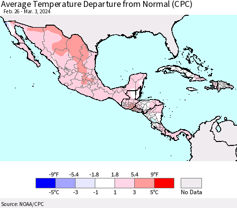 Mexico Central America and the Caribbean Average Temperature Departure from Normal (CPC) Thematic Map For 2/26/2024 - 3/3/2024