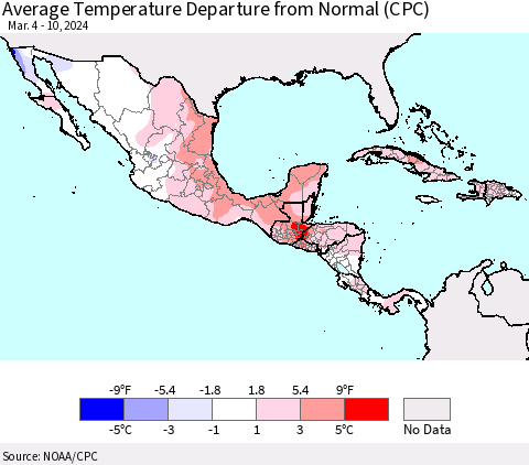 Mexico Central America and the Caribbean Average Temperature Departure from Normal (CPC) Thematic Map For 3/4/2024 - 3/10/2024
