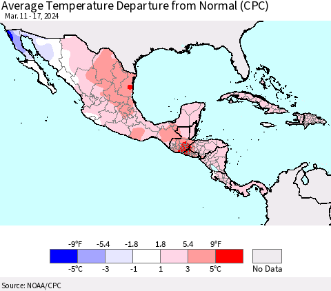 Mexico Central America and the Caribbean Average Temperature Departure from Normal (CPC) Thematic Map For 3/11/2024 - 3/17/2024