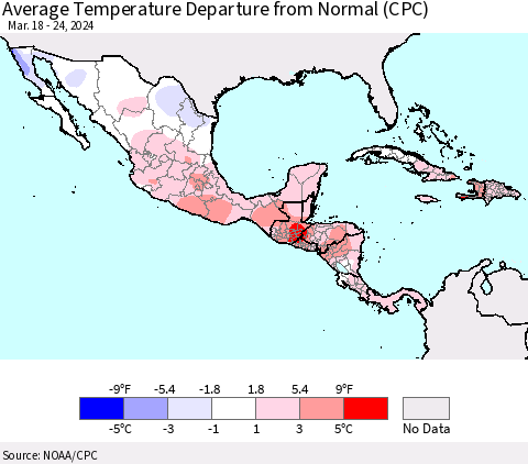 Mexico Central America and the Caribbean Average Temperature Departure from Normal (CPC) Thematic Map For 3/18/2024 - 3/24/2024
