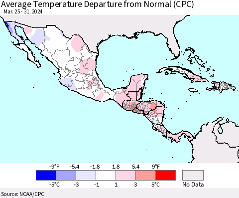 Mexico Central America and the Caribbean Average Temperature Departure from Normal (CPC) Thematic Map For 3/25/2024 - 3/31/2024