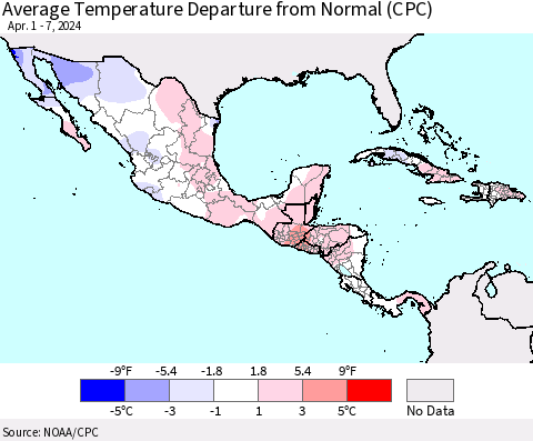Mexico Central America and the Caribbean Average Temperature Departure from Normal (CPC) Thematic Map For 4/1/2024 - 4/7/2024