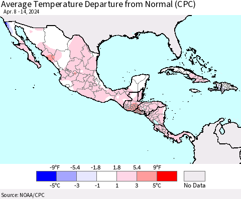 Mexico Central America and the Caribbean Average Temperature Departure from Normal (CPC) Thematic Map For 4/8/2024 - 4/14/2024