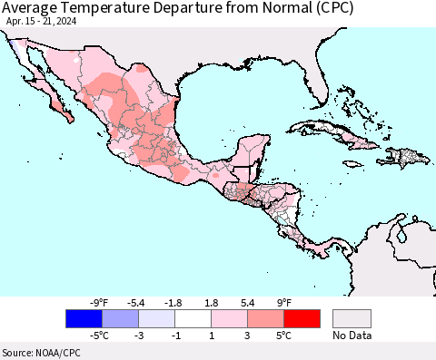 Mexico Central America and the Caribbean Average Temperature Departure from Normal (CPC) Thematic Map For 4/15/2024 - 4/21/2024
