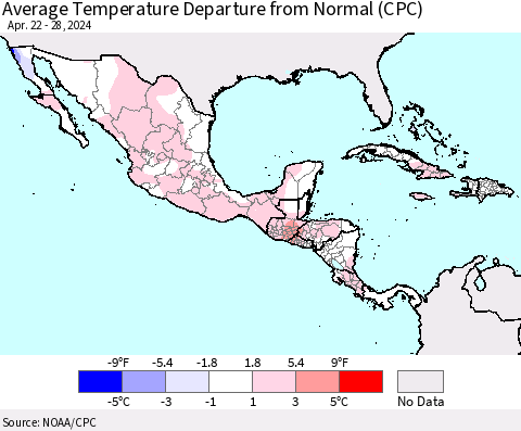 Mexico Central America and the Caribbean Average Temperature Departure from Normal (CPC) Thematic Map For 4/22/2024 - 4/28/2024