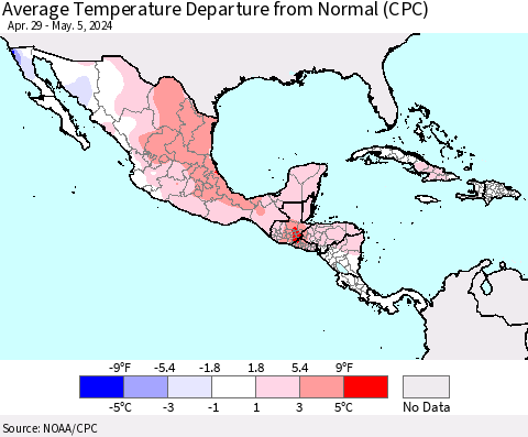 Mexico Central America and the Caribbean Average Temperature Departure from Normal (CPC) Thematic Map For 4/29/2024 - 5/5/2024