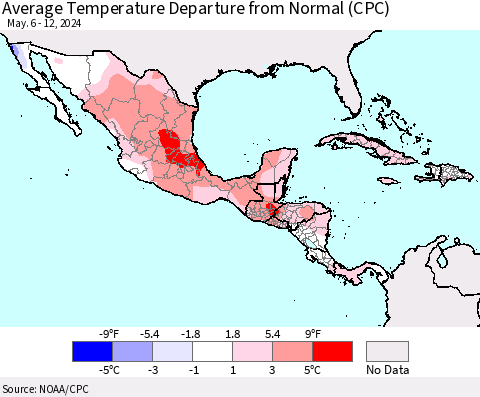 Mexico Central America and the Caribbean Average Temperature Departure from Normal (CPC) Thematic Map For 5/6/2024 - 5/12/2024