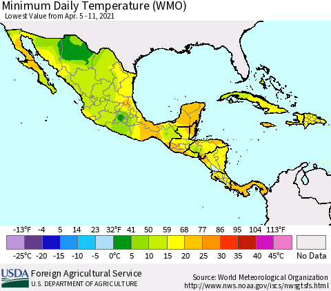 Mexico Central America and the Caribbean Minimum Daily Temperature (WMO) Thematic Map For 4/5/2021 - 4/11/2021