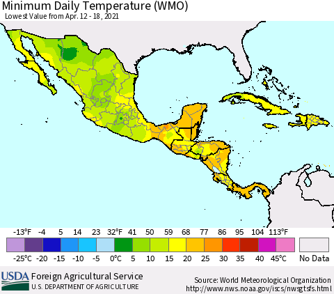 Mexico Central America and the Caribbean Minimum Daily Temperature (WMO) Thematic Map For 4/12/2021 - 4/18/2021