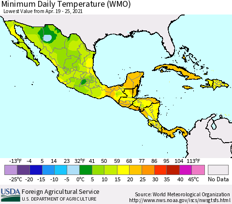 Mexico Central America and the Caribbean Minimum Daily Temperature (WMO) Thematic Map For 4/19/2021 - 4/25/2021