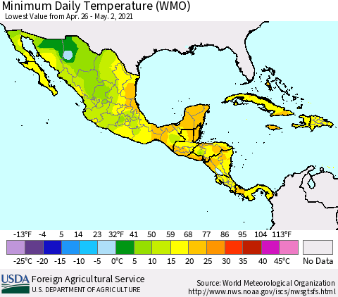 Mexico Central America and the Caribbean Minimum Daily Temperature (WMO) Thematic Map For 4/26/2021 - 5/2/2021