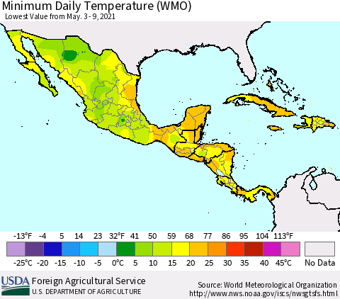 Mexico Central America and the Caribbean Minimum Daily Temperature (WMO) Thematic Map For 5/3/2021 - 5/9/2021