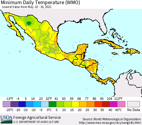 Mexico Central America and the Caribbean Minimum Daily Temperature (WMO) Thematic Map For 5/10/2021 - 5/16/2021
