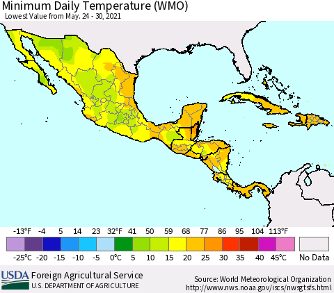 Mexico Central America and the Caribbean Minimum Daily Temperature (WMO) Thematic Map For 5/24/2021 - 5/30/2021