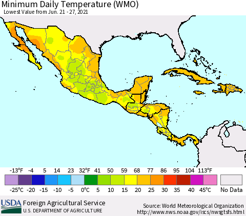 Mexico Central America and the Caribbean Minimum Daily Temperature (WMO) Thematic Map For 6/21/2021 - 6/27/2021