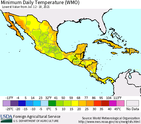 Mexico Central America and the Caribbean Minimum Daily Temperature (WMO) Thematic Map For 7/12/2021 - 7/18/2021