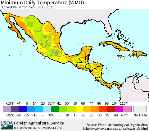 Mexico Central America and the Caribbean Minimum Daily Temperature (WMO) Thematic Map For 9/13/2021 - 9/19/2021