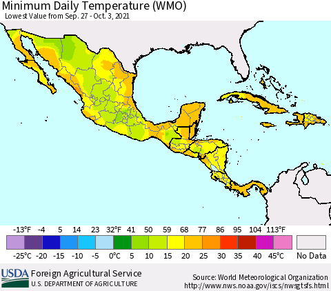 Mexico Central America and the Caribbean Minimum Daily Temperature (WMO) Thematic Map For 9/27/2021 - 10/3/2021