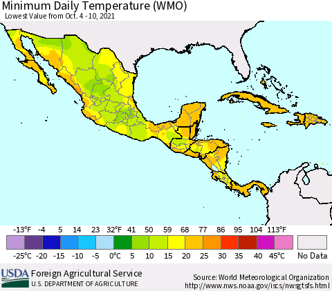 Mexico Central America and the Caribbean Minimum Daily Temperature (WMO) Thematic Map For 10/4/2021 - 10/10/2021