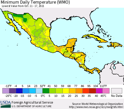 Mexico Central America and the Caribbean Minimum Daily Temperature (WMO) Thematic Map For 10/11/2021 - 10/17/2021